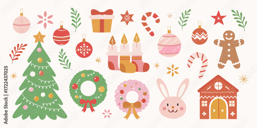 Fototapeta premium Cute christmas and winter holiday elements collection with tree ornaments wreaths and gingerbread man