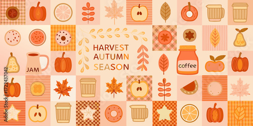 Cozy autumn harvest season with pumpkins apples leaves coffee and jam illustrations