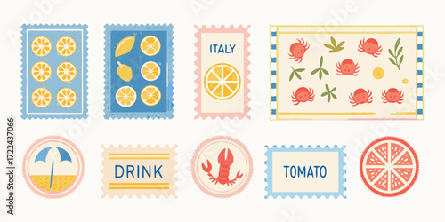 Collection of cute colorful and whimsical illustrated stamps featuring citrus fruits italian themes seafood and summer vacation elements