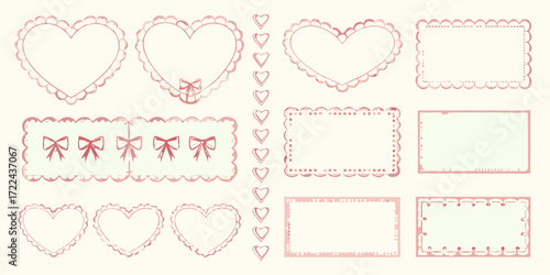 Collection of decorative pink heart and rectangular frames with bows and scalloped edges on a cream background