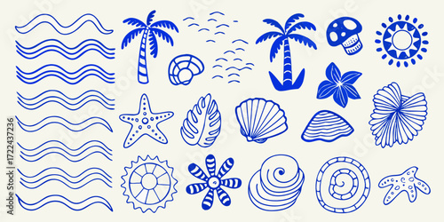Collection of blue hand drawn tropical beach elements including palm trees seashells starfish waves and sun