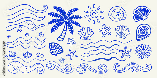 Collection of hand drawn blue ocean and beach elements with palm trees shells and waves