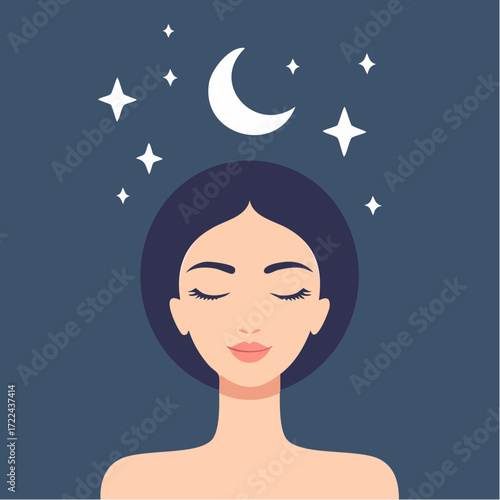 A minimalist vector illustration of a serene woman with closed eyes, dreaming under a starry night sky with a crescent moon, symbolizing peace and tranquility