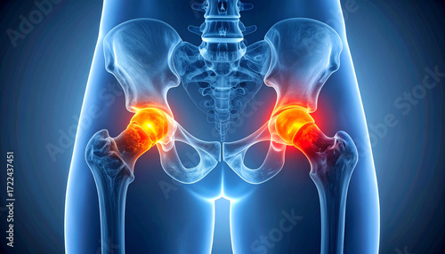 Hip Pain and Arthritis: A Visual Guide to Joint Inflammation,Human Hip Joint Anatomy with Pain Indication in Red and Orange