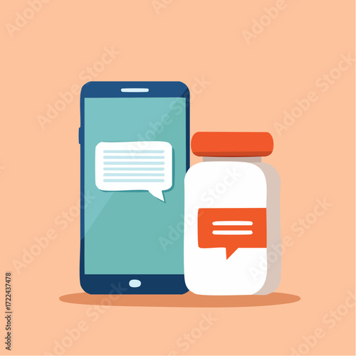 Digital healthcare concept featuring a smartphone and medication bottle. A simple, stylized vector graphic for telehealth, mobile apps, and e-pharmacy services
