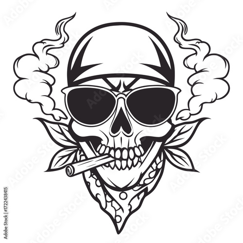 Cool Skull Smoking Cigar Wearing Bandana Sunglasses