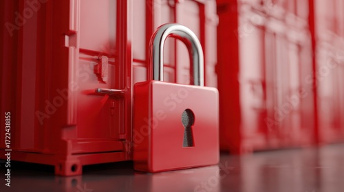 Red metal containers secured by a red padlock