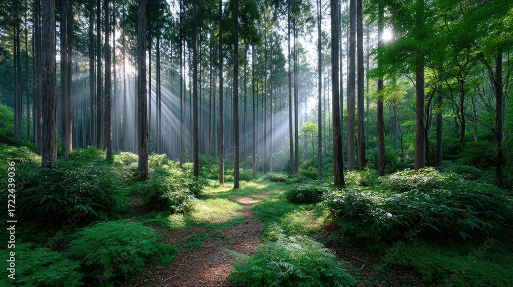 Obraz premium Lush Green Forest with Sun Rays Piercing Through Tall Trees Woodland Landscape