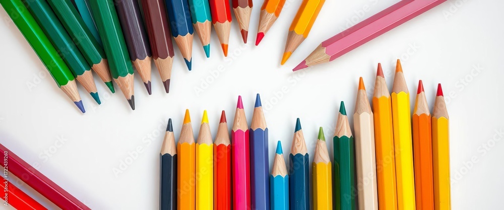 Fototapeta premium Vibrant colored pencils arranged artfully on white, pencils, white