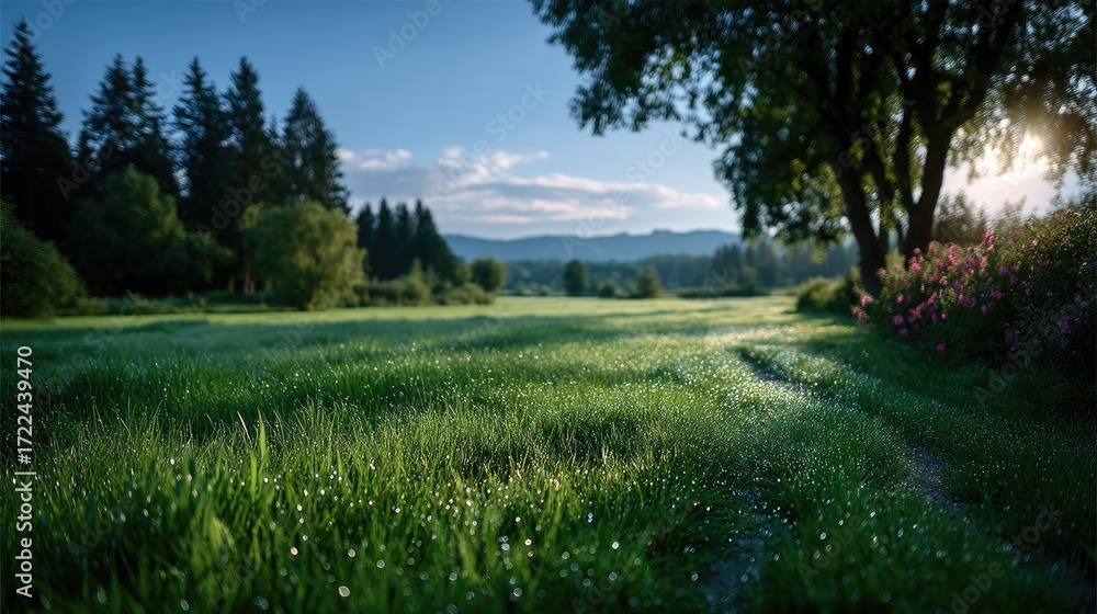 Obraz premium Lush Green Meadow with Sunlight Shining Through Trees in Rural Landscape