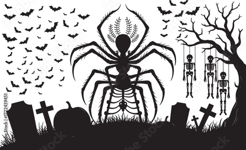 Halloween ghost town vector illustration with spiders and creepy insects design