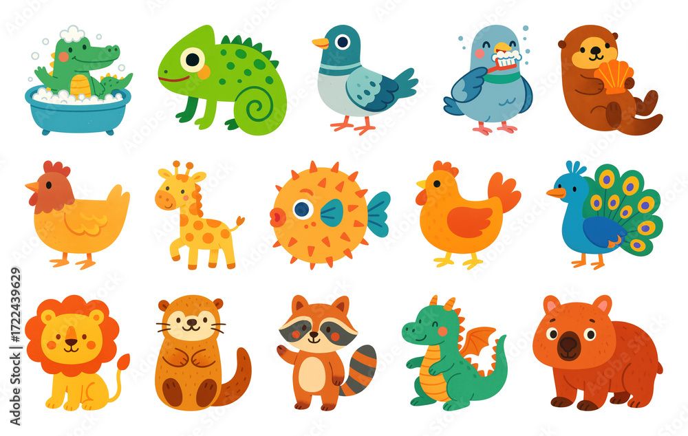 Obraz premium PNG Colorful cartoon animal illustrations, element set on transparent background