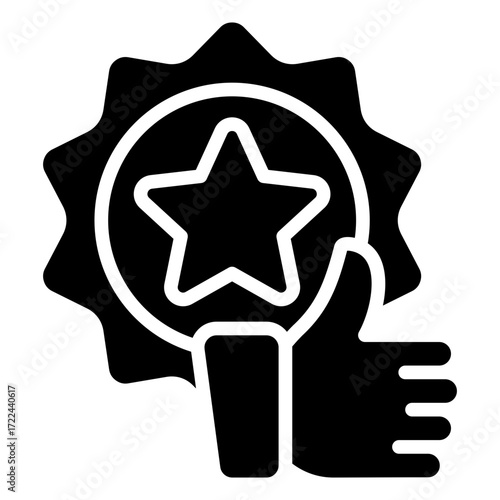 Quality Approval Glyph Black Silhouette Icon Design Vector - Medal with a star and thumbs up, representing quality assurance, trust, and recognition