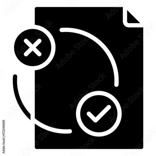 Process Review Glyph Black Silhouette Icon Design Vector - document with cycle arrows and check cross marks symbolizing review, decision-making, and approval process