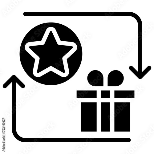Reward Cycle Glyph Black Silhouette Icon Design Vector - Gift box with arrow and star, symbolizing loyalty rewards, appreciation, and recognition