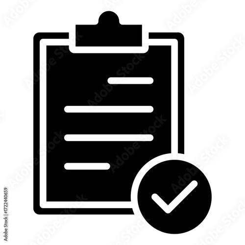 Task Check Glyph Black Silhouette Icon Design Vector - Clipboard with a checkmark, symbolizing task completion, approval, and successful evaluation
