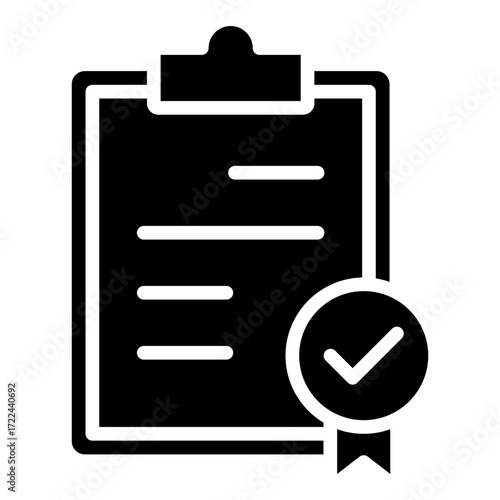 Verified Checklist Glyph Black Silhouette Icon Design Vector - clipboard with checklist and badge showing verified tasks and approved records