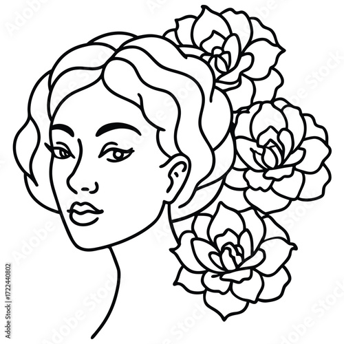 Stylized Woman Portrait With Succulent Hair Decorations