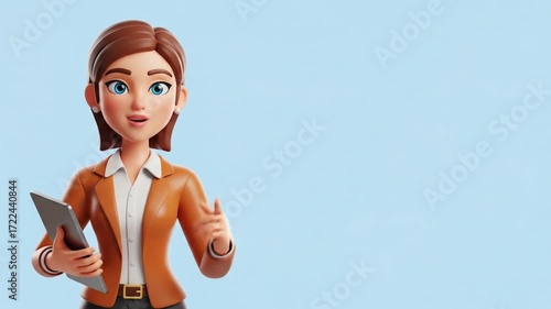 Animated Businesswoman Holding Tablet Smiling Confidently in Bright Office Setting