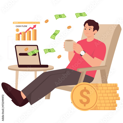 Man relaxing with cash and laptop