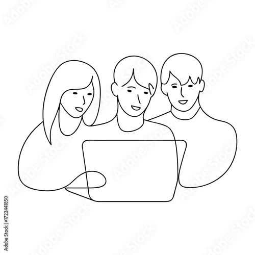 Three people look at a laptop screen