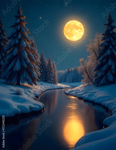 Golden Full Moon Over a Snowy Forest River