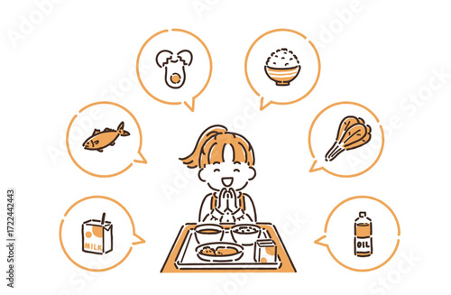 給食の前で笑顔で手を合わせていただきますをしている女の子（シンプル）