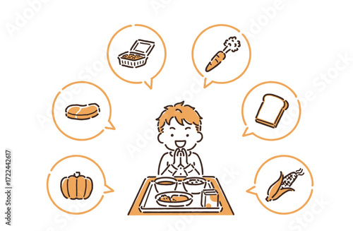 給食の前で手を合わせていただきますをしている男の子（シンプル）