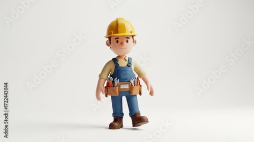 Toy Construction Worker Figurine Standing Still with Tool Belt on White Background