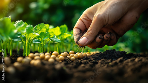 hand planting seed in soil plant growing step concept