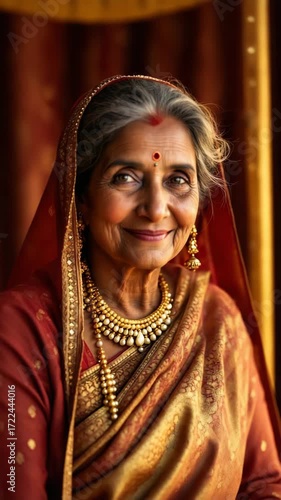 Captivating close up of a smiling indian grandmother adorned in traditional red and gold saree and jewelry radiating warmth and wisdom