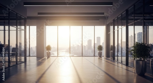 Modern Empty Office Interior with Panoramic Cityscape View at Sunrise