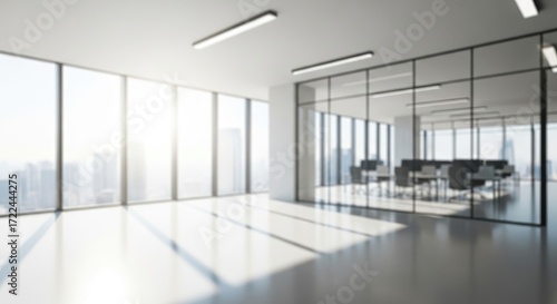 Bright Modern Blurred Office Interior with City Skyline View and Ample Copyspace for Business Backgrounds