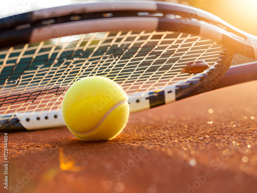 Tennis Ball and Racket Frame Resting on a Clay Court at Golden Hour with Warm Backlight