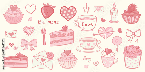 Sweet valentine s day themed collection of hand drawn illustrations featuring cupcakes cakes hearts strawberries and cups of tea