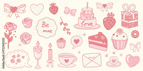 Collection of cute pink hand drawn valentine s day icons and symbols for romantic celebration