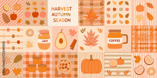 Cozy autumn harvest season collage featuring pumpkins apples jam coffee and fall leaves