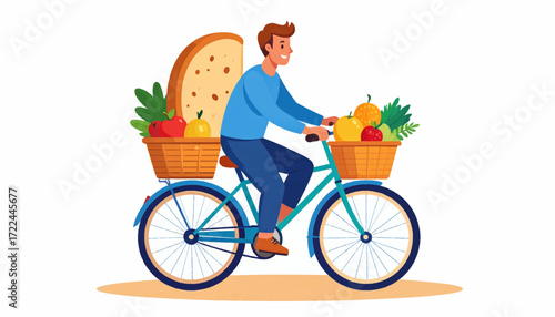 Man Cycling with Groceries Promoting Healthy Lifestyle, Sustainable Transportation and Fresh Food