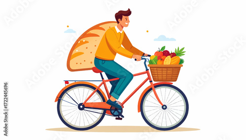A Man on a Bicycle with Bread and Fruit - Healthy Lifestyle Illustration
