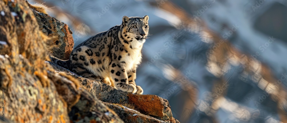 Fototapeta premium Snow leopard on rocky outcrop