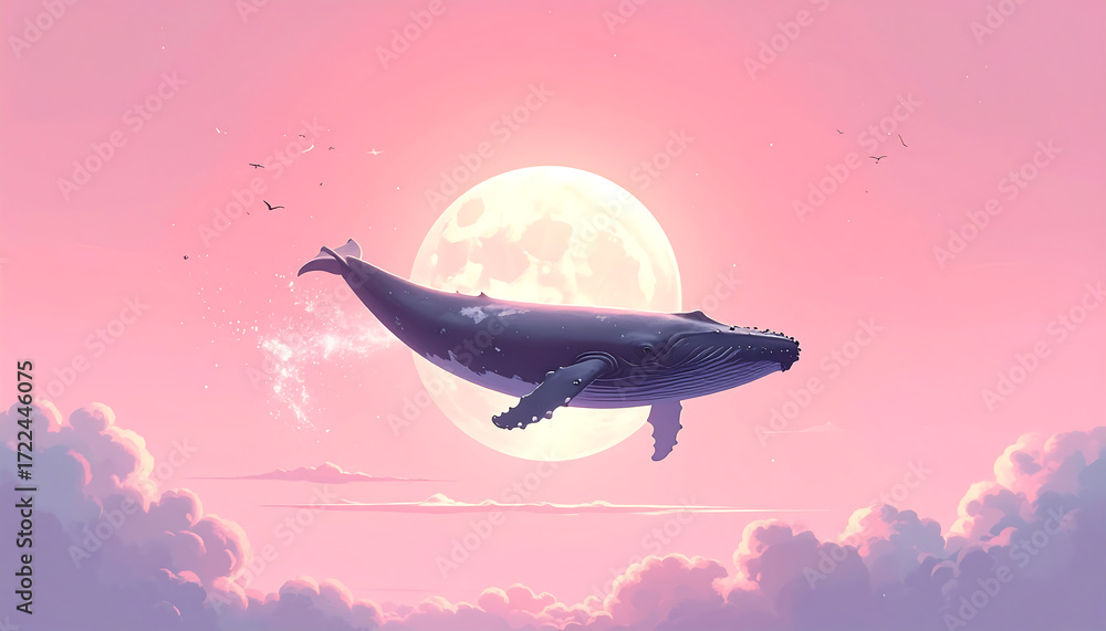 Obraz premium Whale flying across pastel pink sky with moon