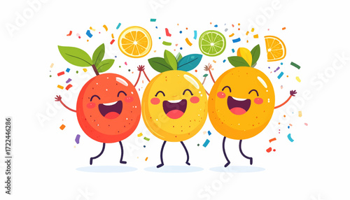 Three Happy Oranges Dancing and Celebrating with Confetti