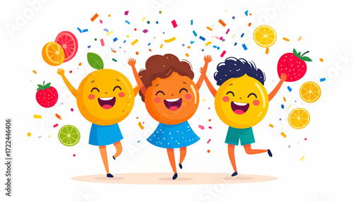 Joyful Celebration Fruity Friends Rejoicing with Colorful Confetti and Smiles, Perfect for Fun!