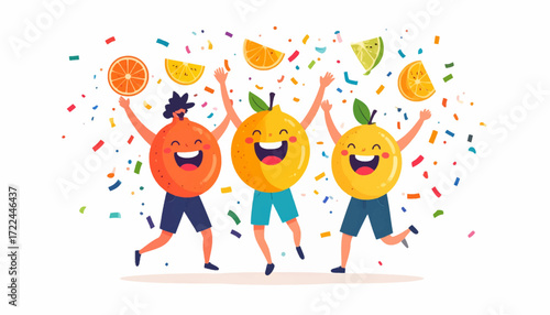 Happy cartoon citrus fruit characters celebrating a vibrant party with colorful confetti, a fun vector illustration of joy and friendship
