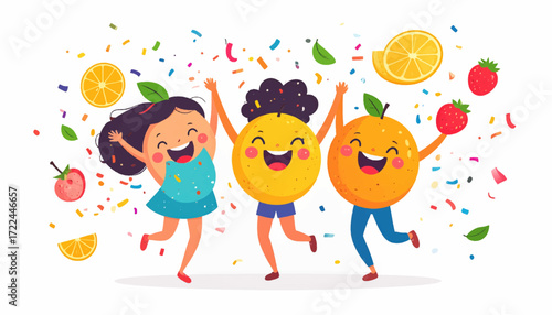 Joyful Fruit Friends A Burst of Happiness with Confetti and Festive Cheer in a Vector Illustration