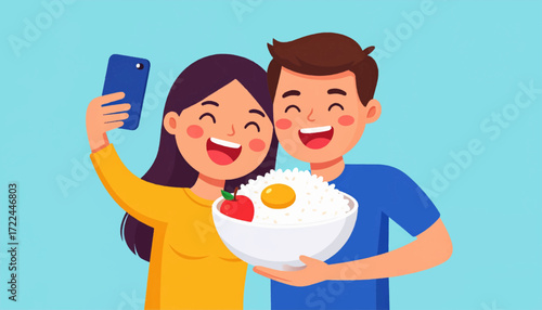 Joyful Couple Capturing a Selfie with a Bowl of Rice, Representing Love and Food Culture