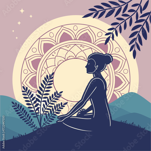 Serene silhouette of a person in a yoga meditation pose (such as Lotus pose), centered against a soft gradient sunrise background. The interior of the silhouette is a harmonious blend of intricate geo