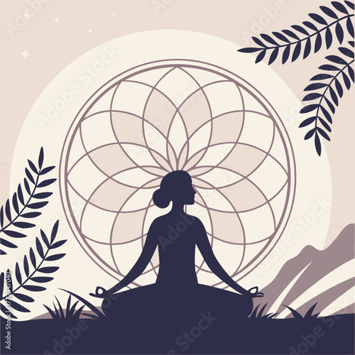 Serene silhouette of a person in a yoga meditation pose (such as Lotus pose), centered against a soft gradient sunrise background. The interior of the silhouette is a harmonious blend of intricate geo