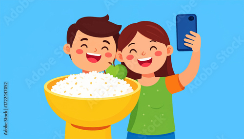 Happy cartoon couple taking a selfie photo with a large yellow bowl of cooked rice, sharing a joyful meal together
