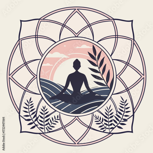 Serene silhouette of a person in a yoga meditation pose (such as Lotus pose), centered against a soft gradient sunrise background. The interior of the silhouette is a harmonious blend of intricate geo
